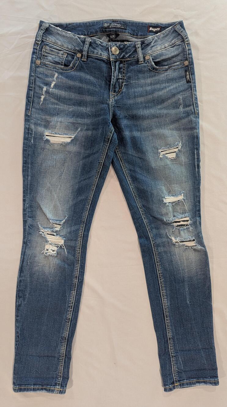 Silver Jeans Co Jeans Womens W30/L29 Blue Wash Suki Mid Skinny Distressed Denim